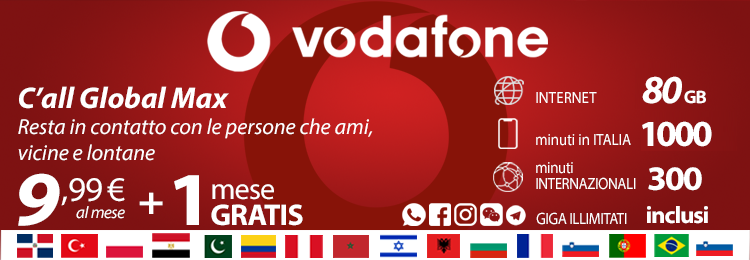 Vodafone Internet e chiamate verso l'estero<br>a partire da 300 minuti fino a 1000 minuti